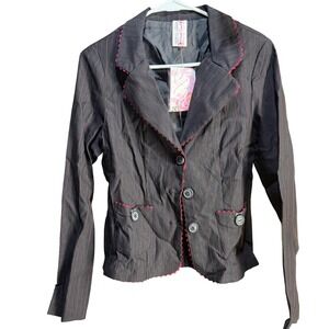 Heart Soul Blazer Womens Large Black Pink Pinstripe Scallop Trim Jacket 7813VH04